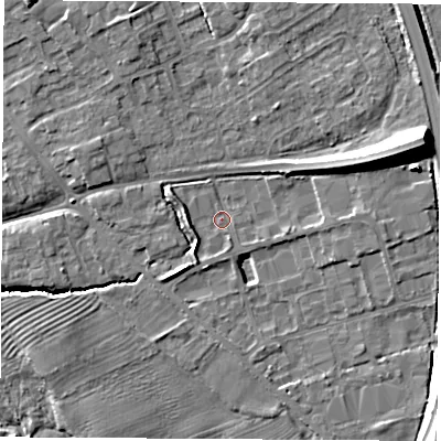 Shaded relief map of the ground around YO73NX, computed from Environment Agency LiDAR. The ground here sits at about 35 m above sea level and falls 16 m across the surrounding 800 m. Surface water reaching this point runs off ground lying to the east-north-east, 8.1 m higher.