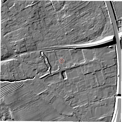 Shaded relief map of the ground around YO73NY, computed from Environment Agency LiDAR. The ground here sits at about 34 m above sea level and falls 16 m across the surrounding 800 m. Surface water reaching this point runs off ground lying to the east-north-east, 8.1 m higher.