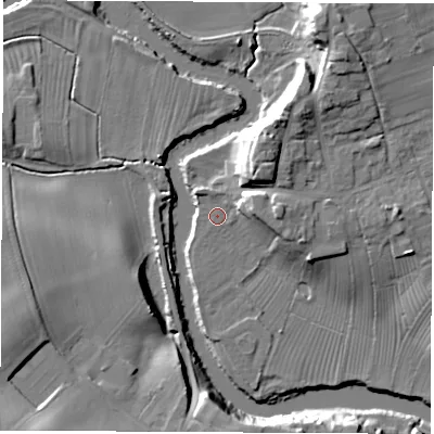 Shaded relief map of the ground around YO73PB, computed from Environment Agency LiDAR. The ground here sits at about 19 m above sea level and falls 18 m across the surrounding 800 m. Surface water reaching this point runs off ground lying to the east-north-east, 7.6 m higher.