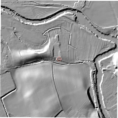 Shaded relief map of the ground around YO73PD, computed from Environment Agency LiDAR. The ground here sits at about 21 m above sea level and falls 16 m across the surrounding 800 m. Surface water reaching this point runs off ground lying to the south, 12.8 m higher.