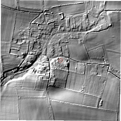 Shaded relief map of the ground around YO73PS, computed from Environment Agency LiDAR. The ground here sits at about 33 m above sea level and falls 15 m across the surrounding 800 m. Surface water reaching this point runs off ground lying to the south-west, 8.0 m higher.