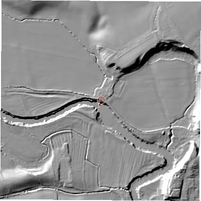 Shaded relief map of the ground around YO73RZ, computed from Environment Agency LiDAR. The ground here sits at about 20 m above sea level and falls 15 m across the surrounding 800 m. Surface water reaching this point runs off ground lying to the south-south-west, 4.6 m higher.