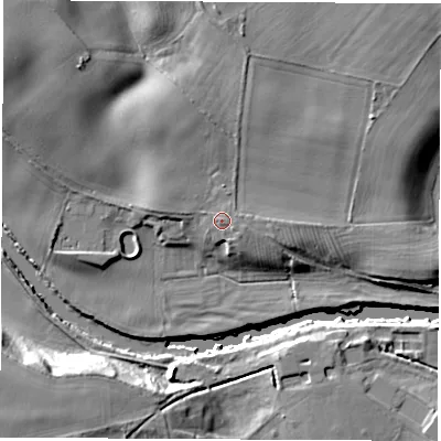 Shaded relief map of the ground around YO73SA, computed from Environment Agency LiDAR. The ground here sits at about 24 m above sea level and falls 19 m across the surrounding 800 m. Surface water reaching this point runs off ground lying to the east, 0.7 m higher.