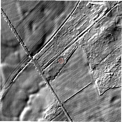 Shaded relief map of the ground around YO73SF, computed from Environment Agency LiDAR. The ground here sits at about 24 m above sea level and falls 5 m across the surrounding 800 m. Surface water reaching this point runs off ground lying to the east-south-east, 4.2 m higher.