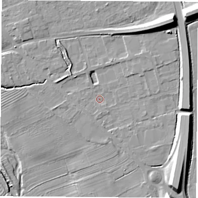 Shaded relief map of the ground around YO73TD, computed from Environment Agency LiDAR. The ground here sits at about 34 m above sea level and falls 16 m across the surrounding 800 m. Surface water reaching this point runs off ground lying to the south-west, 0.9 m higher.