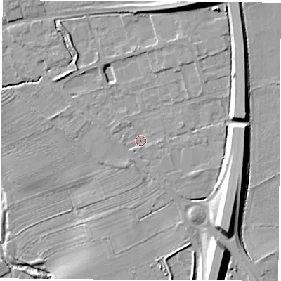Shaded relief map of the ground around YO73TE, computed from Environment Agency LiDAR. The ground here sits at about 34 m above sea level and falls 16 m across the surrounding 800 m. Surface water reaching this point runs off ground lying to the north-north-east, 4.4 m higher.