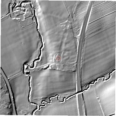 Shaded relief map of the ground around YO74AE, computed from Environment Agency LiDAR. The ground here sits at about 43 m above sea level and falls 13 m across the surrounding 800 m. Surface water reaching this point runs off ground lying to the north-north-east, 1.5 m higher.