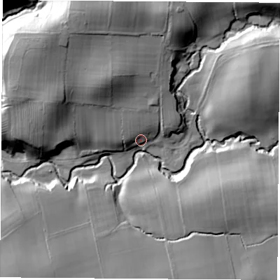 Shaded relief map of the ground around YO74BD, computed from Environment Agency LiDAR. The ground here sits at about 80 m above sea level and falls 27 m across the surrounding 800 m. Surface water reaching this point runs off ground lying to the north-north-west, 14.8 m higher.