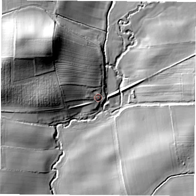 Shaded relief map of the ground around YO74BH, computed from Environment Agency LiDAR. The ground here sits at about 106 m above sea level and falls 34 m across the surrounding 800 m. Surface water reaching this point runs off ground lying to the north-west, 4.6 m higher.