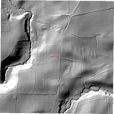 Shaded relief map of the ground around YO74BQ, computed from Environment Agency LiDAR. The ground here sits at about 97 m above sea level and falls 36 m across the surrounding 800 m. Surface water reaching this point runs off ground lying to the north-east, 6.2 m higher.