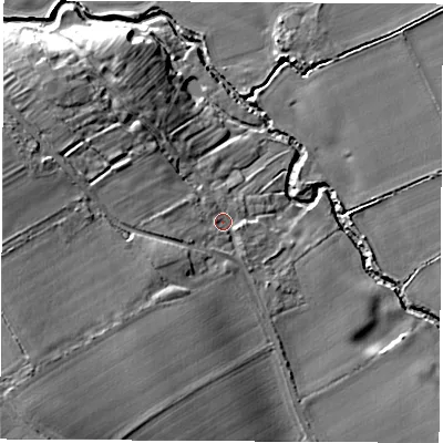 Shaded relief map of the ground around YO74DS, computed from Environment Agency LiDAR. The ground here sits at about 44 m above sea level and falls 19 m across the surrounding 800 m. Surface water reaching this point runs off ground lying to the west-south-west, 14.0 m higher.