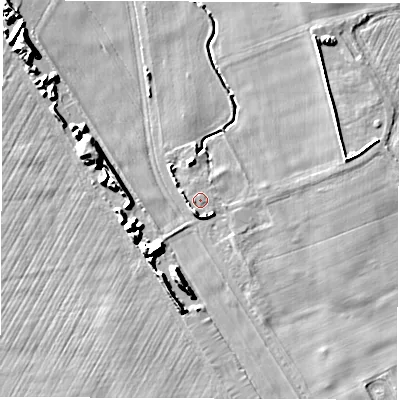 Shaded relief map of the ground around YO74EG, computed from Environment Agency LiDAR. The ground here sits at about 25 m above sea level and falls 9 m across the surrounding 800 m. The ground contributing surface water to this point lies to the north-north-east.