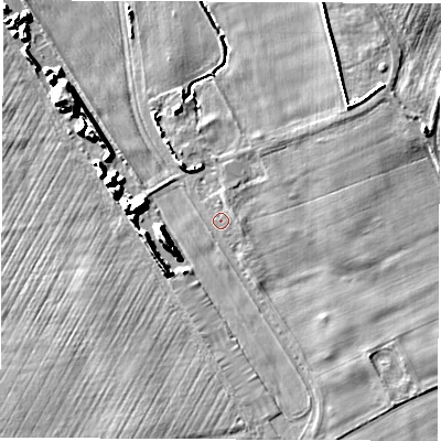 Shaded relief map of the ground around YO74EJ, computed from Environment Agency LiDAR. The ground here sits at about 24 m above sea level and falls 9 m across the surrounding 800 m. Surface water reaching this point runs off ground lying to the east, 0.7 m higher.