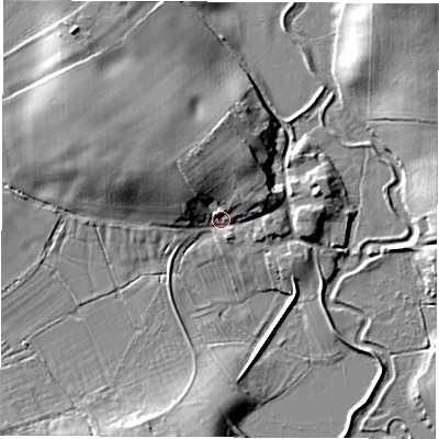 Shaded relief map of the ground around YO74ET, computed from Environment Agency LiDAR. The ground here sits at about 24 m above sea level and falls 12 m across the surrounding 800 m. Surface water reaching this point runs off ground lying to the north, 10.3 m higher.