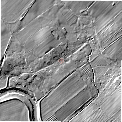 Shaded relief map of the ground around YO74HD, computed from Environment Agency LiDAR. The ground here sits at about 28 m above sea level and falls 13 m across the surrounding 800 m. Surface water reaching this point runs off ground lying to the north-west, 3.0 m higher.