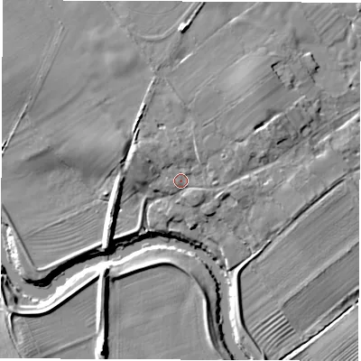 Shaded relief map of the ground around YO74HG, computed from Environment Agency LiDAR. The ground here sits at about 27 m above sea level and falls 10 m across the surrounding 800 m. Surface water reaching this point runs off ground lying to the north-east, 4.5 m higher.