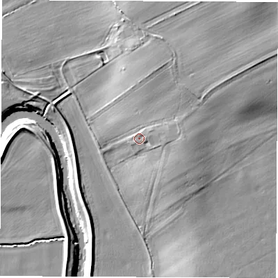 Shaded relief map of the ground around YO74HQ, computed from Environment Agency LiDAR. The ground here sits at about 30 m above sea level and falls 12 m across the surrounding 800 m. Surface water reaching this point runs off ground lying to the east, 2.9 m higher.