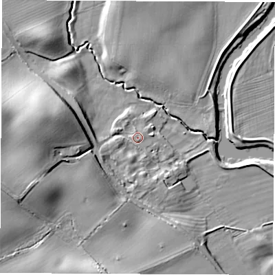 Shaded relief map of the ground around YO74HU, computed from Environment Agency LiDAR. The ground here sits at about 23 m above sea level and falls 14 m across the surrounding 800 m. Surface water reaching this point runs off ground lying to the south-west, 5.5 m higher.