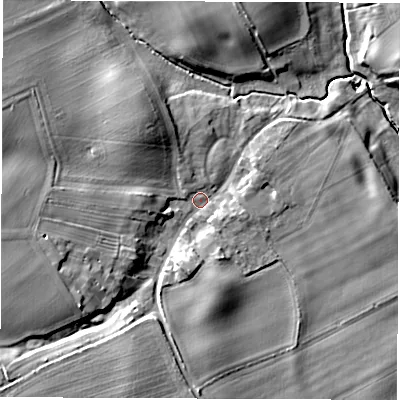 Shaded relief map of the ground around YO74JD, computed from Environment Agency LiDAR. The ground here sits at about 24 m above sea level and falls 13 m across the surrounding 800 m. Surface water reaching this point runs off ground lying to the south-west, 9.6 m higher.
