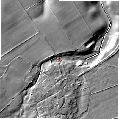 Shaded relief map of the ground around YO74PJ, computed from Environment Agency LiDAR. The ground here sits at about 27 m above sea level and falls 11 m across the surrounding 800 m. Surface water reaching this point runs off ground lying to the south-south-west, 5.8 m higher.