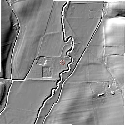 Shaded relief map of the ground around YO74RB, computed from Environment Agency LiDAR. The ground here sits at about 51 m above sea level and falls 16 m across the surrounding 800 m. Surface water reaching this point runs off ground lying to the north-north-east, 1.6 m higher.