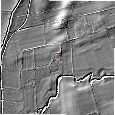 Shaded relief map of the ground around YO74RE, computed from Environment Agency LiDAR. The ground here sits at about 53 m above sea level and falls 11 m across the surrounding 800 m. Surface water reaching this point runs off ground lying to the north-north-east, 1.2 m higher.