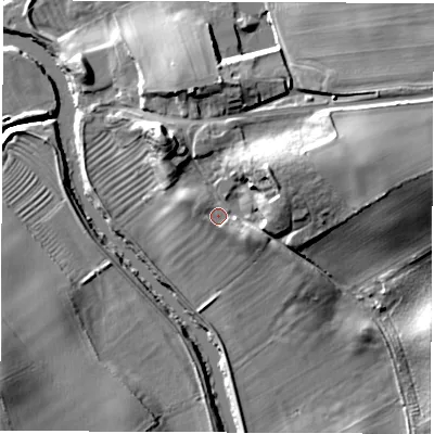 Shaded relief map of the ground around YO74SF, computed from Environment Agency LiDAR. The ground here sits at about 28 m above sea level and falls 19 m across the surrounding 800 m. Surface water reaching this point runs off ground lying to the west-north-west, 1.1 m higher.