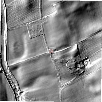 Shaded relief map of the ground around YO74SG, computed from Environment Agency LiDAR. The ground here sits at about 26 m above sea level and falls 15 m across the surrounding 800 m. Surface water reaching this point runs off ground lying to the east, 4.7 m higher.