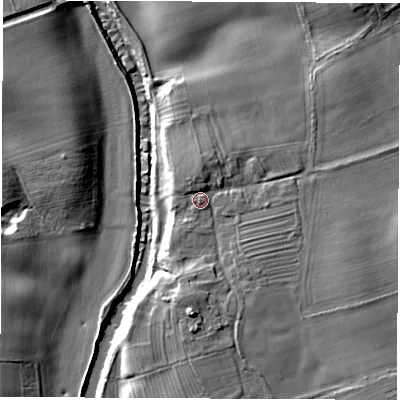 Shaded relief map of the ground around YO74SH, computed from Environment Agency LiDAR. The ground here sits at about 26 m above sea level and falls 12 m across the surrounding 800 m. Surface water reaching this point runs off ground lying to the south, 5.3 m higher.