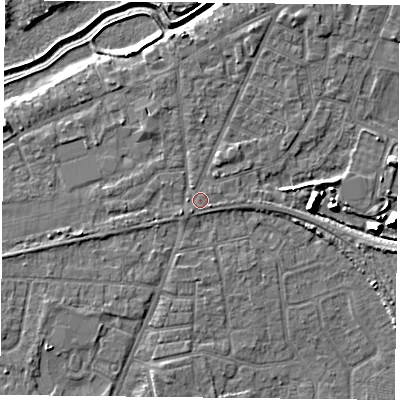 Shaded relief map of the ground around YO80AT, computed from Environment Agency LiDAR. The ground here sits at about 6 m above sea level and falls 9 m across the surrounding 800 m. Surface water reaching this point runs off ground lying to the east-south-east, 0.9 m higher.