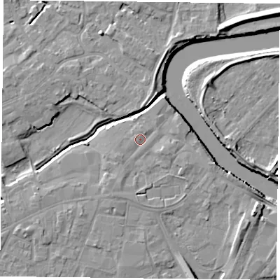 Shaded relief map of the ground around YO80EA, computed from Environment Agency LiDAR. The ground here sits at about 6 m above sea level and falls 9 m across the surrounding 800 m. Surface water reaching this point runs off ground lying to the south-west, 1.1 m higher.
