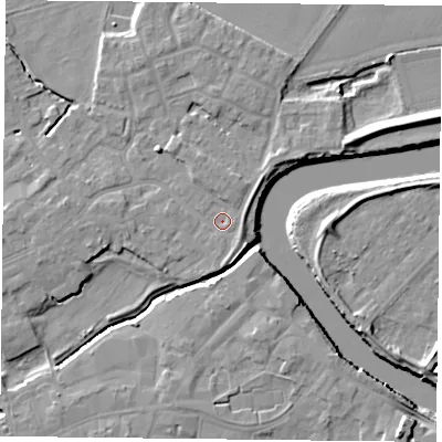 Shaded relief map of the ground around YO80ER, computed from Environment Agency LiDAR. The ground here sits at about 5 m above sea level and falls 8 m across the surrounding 800 m. Surface water reaching this point runs off ground lying to the south-east, 1.4 m higher.