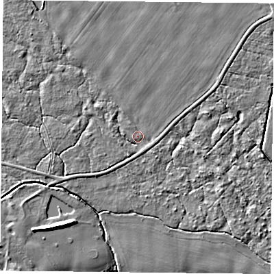 Shaded relief map of the ground around YO80RD, computed from Environment Agency LiDAR. The ground here sits at about 7 m above sea level and falls 8 m across the surrounding 800 m. Surface water reaching this point runs off ground lying to the west-south-west, 2.0 m higher.