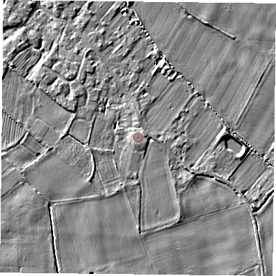 Shaded relief map of the ground around YO80SL, computed from Environment Agency LiDAR. The ground here sits at about 8 m above sea level and falls 4 m across the surrounding 800 m. Surface water reaching this point runs off ground lying to the east-north-east, 0.5 m higher.