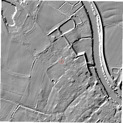 Shaded relief map of the ground around YO80TR, computed from Environment Agency LiDAR. The ground here sits at about 8 m above sea level and falls 7 m across the surrounding 800 m. Surface water reaching this point runs off ground lying to the south-south-west, 1.2 m higher.