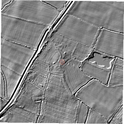 Shaded relief map of the ground around YO80UD, computed from Environment Agency LiDAR. The ground here sits at about 8 m above sea level and falls 4 m across the surrounding 800 m. Surface water reaching this point runs off ground lying to the west-north-west, 0.7 m higher.