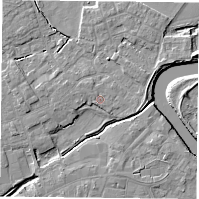 Shaded relief map of the ground around YO83AA, computed from Environment Agency LiDAR. The ground here sits at about 6 m above sea level and falls 7 m across the surrounding 800 m. The ground contributing surface water to this point lies to the north-east.