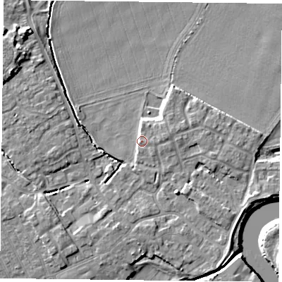 Shaded relief map of the ground around YO83AB, computed from Environment Agency LiDAR. The ground here sits at about 5 m above sea level and falls 7 m across the surrounding 800 m. Surface water reaching this point runs off ground lying to the east, 2.4 m higher.