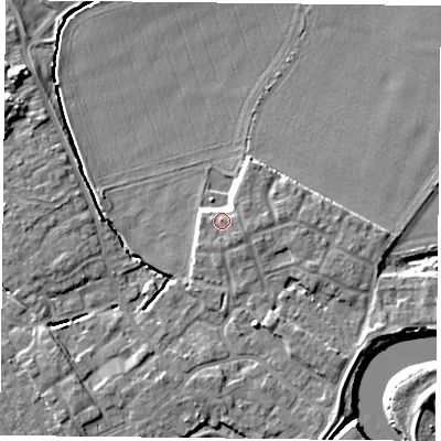 Shaded relief map of the ground around YO83AD, computed from Environment Agency LiDAR. The ground here sits at about 6 m above sea level and falls 7 m across the surrounding 800 m. Surface water reaching this point runs off ground lying to the east-south-east, 2.8 m higher.