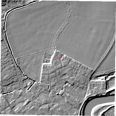 Shaded relief map of the ground around YO83AE, computed from Environment Agency LiDAR. The ground here sits at about 5 m above sea level and falls 7 m across the surrounding 800 m. Surface water reaching this point runs off ground lying to the south-south-west, 1.3 m higher.