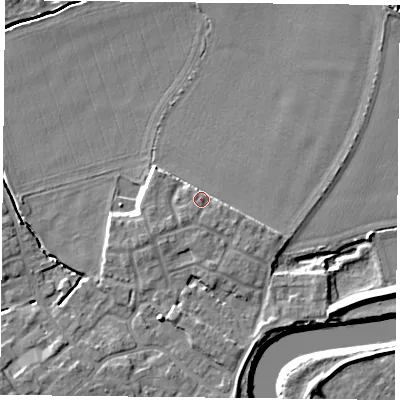 Shaded relief map of the ground around YO83AF, computed from Environment Agency LiDAR. The ground here sits at about 6 m above sea level and falls 7 m across the surrounding 800 m. Surface water reaching this point runs off ground lying to the south-south-east, 2.6 m higher.