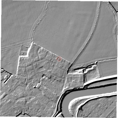 Shaded relief map of the ground around YO83AG, computed from Environment Agency LiDAR. The ground here sits at about 6 m above sea level and falls 7 m across the surrounding 800 m. Surface water reaching this point runs off ground lying to the south-west, 2.5 m higher.
