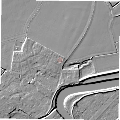 Shaded relief map of the ground around YO83AH, computed from Environment Agency LiDAR. The ground here sits at about 5 m above sea level and falls 7 m across the surrounding 800 m. Surface water reaching this point runs off ground lying to the west-south-west, 1.0 m higher.