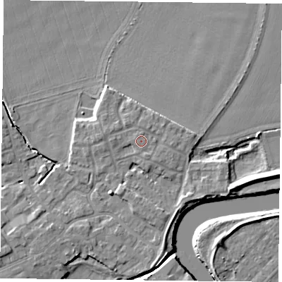 Shaded relief map of the ground around YO83AJ, computed from Environment Agency LiDAR. The ground here sits at about 6 m above sea level and falls 7 m across the surrounding 800 m. Surface water reaching this point runs off ground lying to the south-south-east, 0.8 m higher.