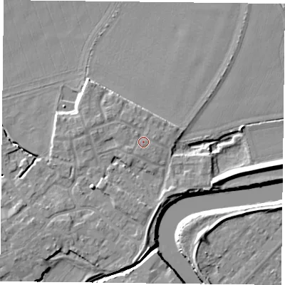 Shaded relief map of the ground around YO83AL, computed from Environment Agency LiDAR. The ground here sits at about 6 m above sea level and falls 7 m across the surrounding 800 m. Surface water reaching this point runs off ground lying to the west-south-west, 0.8 m higher.