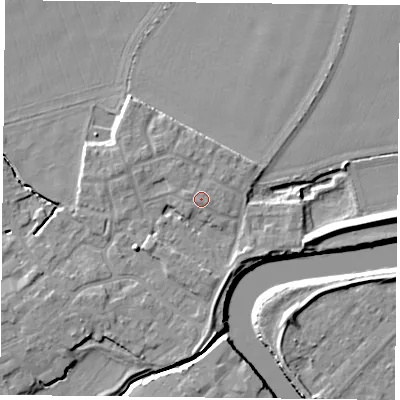 Shaded relief map of the ground around YO83AN, computed from Environment Agency LiDAR. The ground here sits at about 6 m above sea level and falls 7 m across the surrounding 800 m. Surface water reaching this point runs off ground lying to the west-north-west, 0.7 m higher.