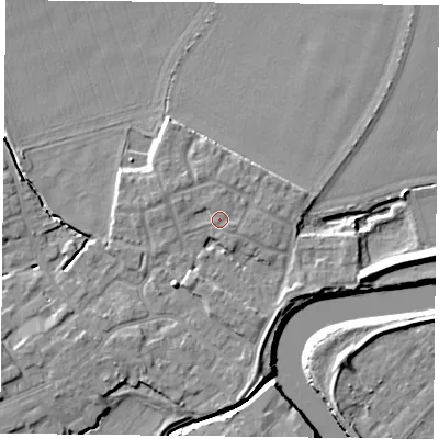 Shaded relief map of the ground around YO83AP, computed from Environment Agency LiDAR. The ground here sits at about 6 m above sea level and falls 7 m across the surrounding 800 m. Surface water reaching this point runs off ground lying to the west-south-west, 0.7 m higher.