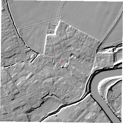 Shaded relief map of the ground around YO83AQ, computed from Environment Agency LiDAR. The ground here sits at about 5 m above sea level and falls 7 m across the surrounding 800 m. Surface water reaching this point runs off ground lying to the south, 2.6 m higher.