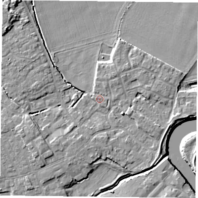 Shaded relief map of the ground around YO83AR, computed from Environment Agency LiDAR. The ground here sits at about 5 m above sea level and falls 7 m across the surrounding 800 m. Surface water reaching this point runs off ground lying to the east-south-east, 2.7 m higher.