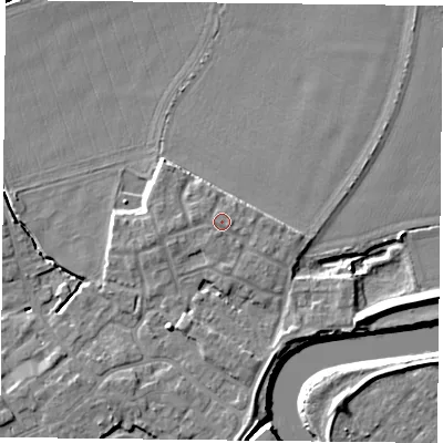 Shaded relief map of the ground around YO83AS, computed from Environment Agency LiDAR. The ground here sits at about 6 m above sea level and falls 7 m across the surrounding 800 m. Surface water reaching this point runs off ground lying to the south, 0.8 m higher.